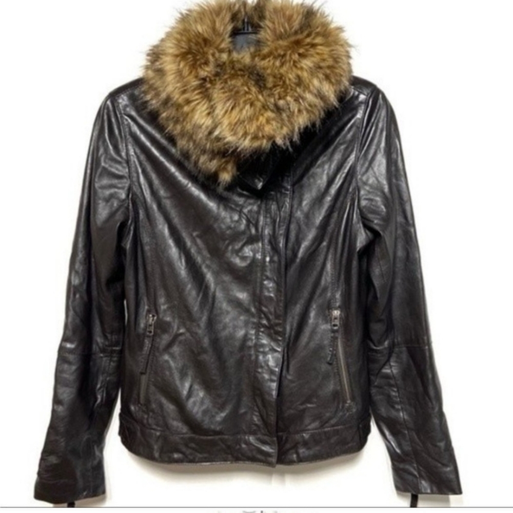 Bod Christensen BLACK Leather Moto Jacket with Faux Fur Wide Collar L